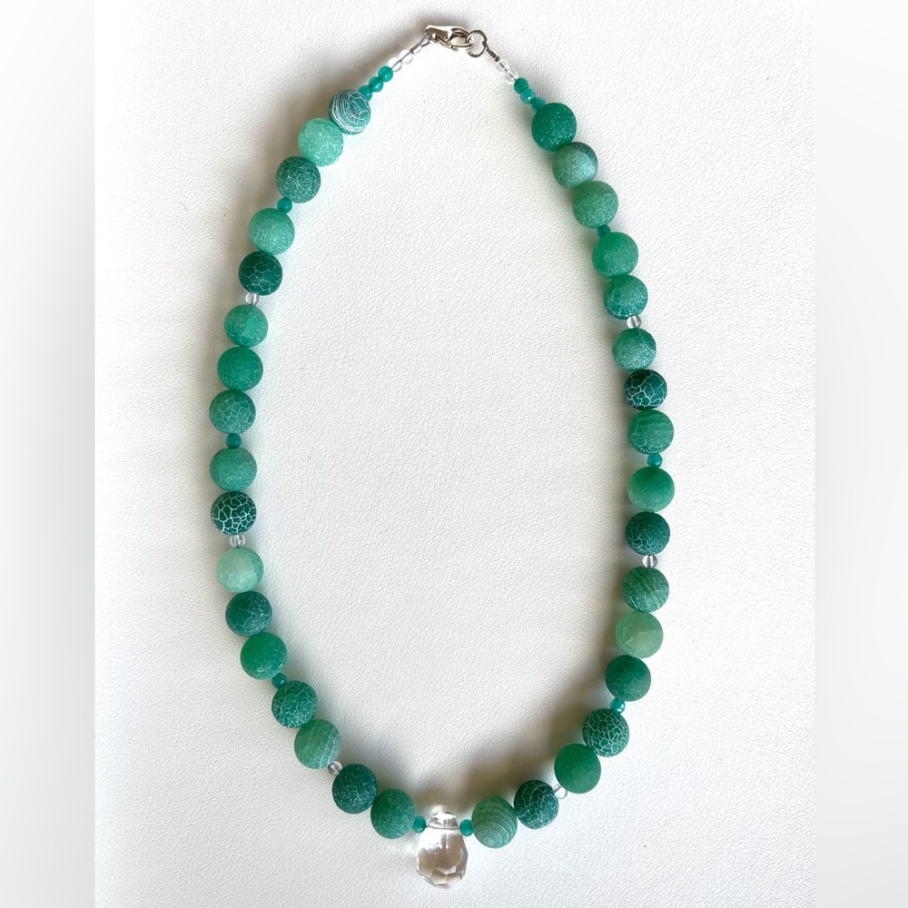 Aqua Green Agate Beaded Necklace with Crystal Drop